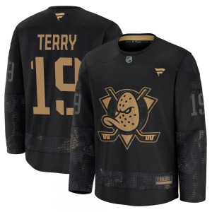 Youth Premium Anaheim Ducks Troy Terry Black 2024 Military Appreciation Practice Official Fanatics Jersey