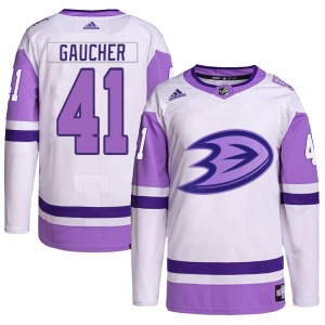 Adult Authentic Anaheim Ducks Nathan Gaucher White/Purple Hockey Fights Cancer Primegreen Official Adidas Jersey