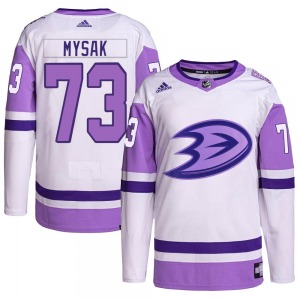 Adult Authentic Anaheim Ducks Jan Mysak White/Purple Hockey Fights Cancer Primegreen Official Adidas Jersey